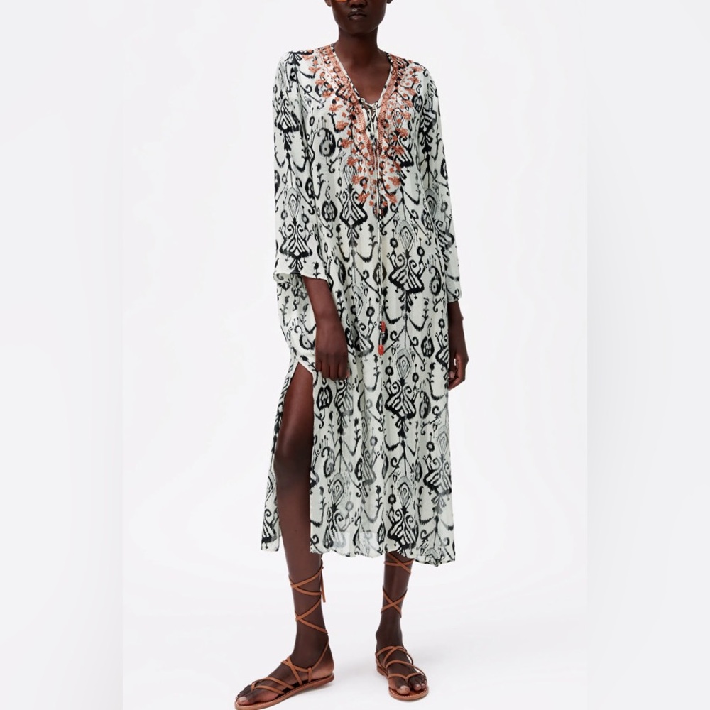 Zara NWT Embroidered bohemian slip white midi maxi cover-up Dress M